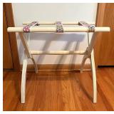 Vintage Wooden Luggage Rack with Floral Woven Straps
