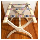 Vintage Wooden Luggage Rack with Floral Woven Straps