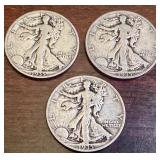 Set of 3 1935 Walking Liberty Half Dollars (S, D, and Philadelphia Mintmarks)