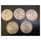 Set of 5 Walking Liberty Half Dollar Coins 1917, 1927 and 1947