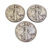 Set of 3 1942 Walking Liberty Half Dollar Coins: 1942, 1942-D, 1942-S