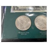 The Silver Story Collection: 1957 Silver Certificate- Excellent Condition; higher Grade 1883-? Morgan Silver Dollar; Higher Grade 1922-? Peace Dollar; and Approx. 1/2 Ounce Silver Granules