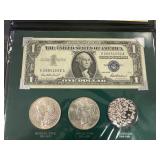 The Silver Story Collection: 1957 Silver Certificate- Excellent Condition; higher Grade 1883-? Morgan Silver Dollar; Higher Grade 1922-? Peace Dollar; and Approx. 1/2 Ounce Silver Granules