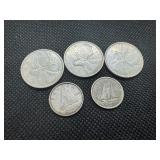 Three 80% Silver Canadian Quarters: 1960, 1961, and 1965; Two 80% Silver Canadian Dimes 1956 and 1967 -- 0.57 Oz. of Silver