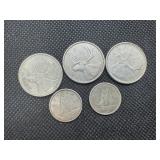 Three 80% Silver Canadian Quarters: 1960, 1961, and 1965; Two 80% Silver Canadian Dimes 1956 and 1967 -- 0.57 Oz. of Silver