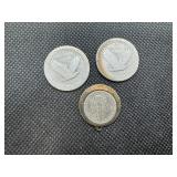 Two Silver Standing Liberty Quarters and a 1945 Mercury Dime Pendant