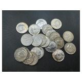 Twenty-two 40% Silver Kennedy Half Dollars: 1966 (3); 1967 (8); 1968-D (6), and 1969-D (5)