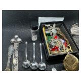 Grab Bag of Miscellaneous Jewelry, Pins, Vial of .999 Silver, 6 miniature silver spoons, ring, bracelets, other metal items