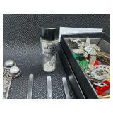 Grab Bag of Miscellaneous Jewelry, Pins, Vial of .999 Silver, 6 miniature silver spoons, ring, bracelets, other metal items