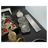 Grab Bag of Miscellaneous Jewelry, Pins, Vial of .999 Silver, 6 miniature silver spoons, ring, bracelets, other metal items