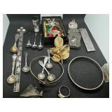 Grab Bag of Miscellaneous Jewelry, Pins, Vial of .999 Silver, 6 miniature silver spoons, ring, bracelets, other metal items