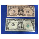 Three Novelty "Dollars": Mickey Mouse, 3 "Dolar" Hilary Bill; aand Santa Dollar