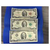 Three $2.00 Bills: 1963 Red Note and two 1976 Notes