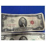 Three $2.00 Bills: 1963 Red Note and two 1976 Notes