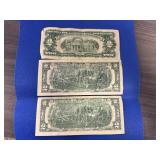 Three $2.00 Bills: 1963 Red Note and two 1976 Notes