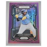 Junior Caminero Rookie 2024 Panini Prizm Purple Refractor #291 and Numbered 33/99 - Tampa Bay Baseball Card