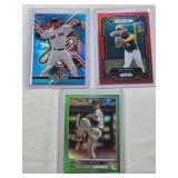 Lot of 3 Numbered Refractros Max Muncy Panini Prizm 275/299, Trevor Story Topps Finest 97/150, and Sonny Gray Topps Chrome 51/75
