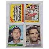 Lot of 4 Vintage 1966 Topps Baseball Cards Featuring Curt Flood, Joe Torre, Los Angeles Dodgers Team, and Gil Hodges.