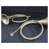 2 VINTAGE BRASS FRENCH HORNS PLUS SHEET MUSIC.