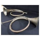 2 VINTAGE BRASS FRENCH HORNS PLUS SHEET MUSIC.