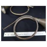 2 VINTAGE BRASS FRENCH HORNS PLUS SHEET MUSIC.