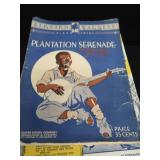 2 VINTAGE BRASS FRENCH HORNS PLUS SHEET MUSIC.