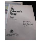 2 VINTAGE BRASS FRENCH HORNS PLUS SHEET MUSIC.