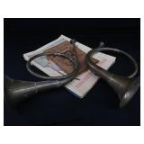 2 VINTAGE BRASS FRENCH HORNS PLUS SHEET MUSIC.