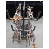 ROLLING RACK WITH 18 ASSORTED SIZED WOOD CLAMPS