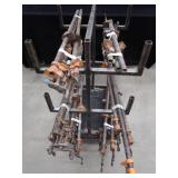 ROLLING RACK WITH 18 ASSORTED SIZED WOOD CLAMPS