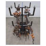 ROLLING RACK WITH 18 ASSORTED SIZED WOOD CLAMPS