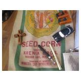 Vintage Seed Corn bag, metal flask,...