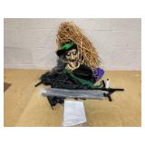 Costway Witch on Broom Halloween Animatronic Life Size Halloween Prop with LED Lights Laughing and Screaming