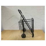 Goplus Folding Shopping Utility Cart, Double Basket and 360° Swivel Wheels, Adjustable Handle, Small Cart Perfect for Grocery Laundry Book Luggage Travel