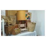 Mid Century Wood and Wicker Lamp, Baskets, Décor, Musical Dolls, Vintage Craftsman and Black Decker Skil Saws. Vintage Fruit Crate and more.