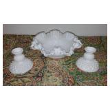 White Milk glass Fenton Crimp and Ruffle Bowl and Hobnail Candleholders