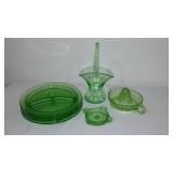 Uranium Glass Divided Plates (4) Sunflower Ashtray, Juicer,Basket Vase.