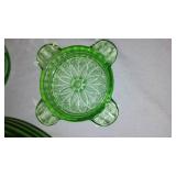 Uranium Glass Divided Plates (4) Sunflower Ashtray, Juicer,Basket Vase.