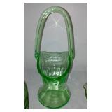 Uranium Glass Divided Plates (4) Sunflower Ashtray, Juicer,Basket Vase.