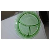 Uranium Glass Divided Plates (4) Sunflower Ashtray, Juicer,Basket Vase.