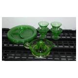 Uranium Divided Glass Plates (4), Depression Glass Sherbert Cups (4) Juicer.