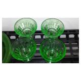 Uranium Divided Glass Plates (4), Depression Glass Sherbert Cups (4) Juicer.