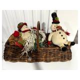 Holiday Basket with Plush Snowmen, Pinecones, and Winter Greens