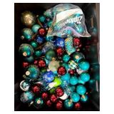 Large Bin of Blue, Teal, and Red Ornaments