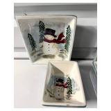 Winter Cottage & Snowman Hand-Painted Tray Set