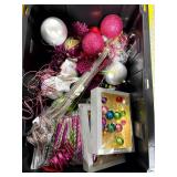 Large Bin of Pink, Silver & Multicolor Holiday Décor
