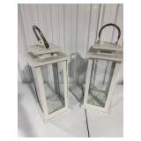 Pair of White Metal Lanterns with String Lights