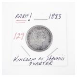 1883 Kingdom of Hawaii Quarter Coin with Kalakaua I Portrait