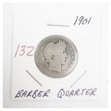 1901 Barber Quarter Silver Coin