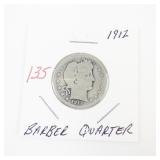1912 Barber Quarter Dollar Silver Coin